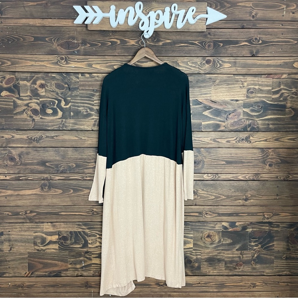 Bobeau | Colorblock Knitted Long Duster Cardigan Black Tan Plush Sweater - Picture 9 of 11